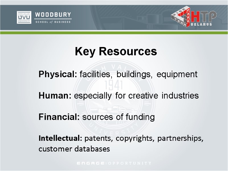 Key Resources Physical: facilities, buildings, equipment  Human: especially for creative industries  Financial:
